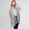 Truedames Flower Embroidered Open Front Kimono Poncho In Gray