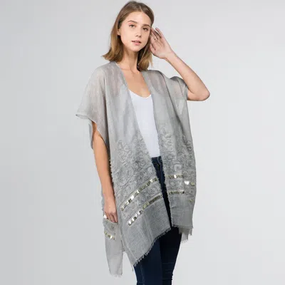Truedames Flower Embroidered Open Front Kimono Poncho In Gray