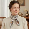 Truedames Flower Feather Motif Printed Square Silky Satin Bandana Scarf In Gray