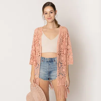Truedames Flower Fringe Crochet Cardigan In Pink