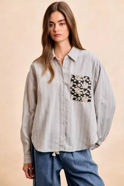 Truedames Flower Jacquard Knit Patch Pocket Stripe Shirt In Gray