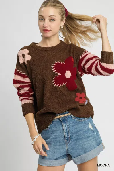 Truedames Flower Jacquard Striped Long Sleeve Sweater In Brown