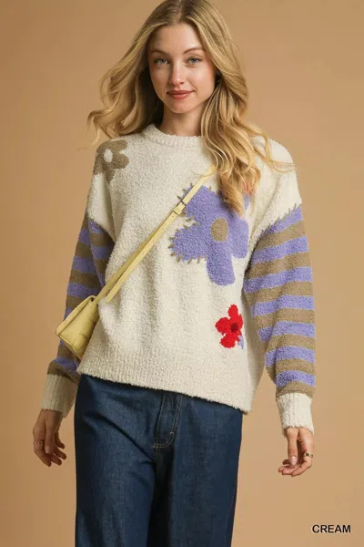 Truedames Flower Jacquard Striped Long Sleeve Sweater In Multi