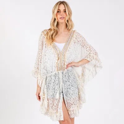 Truedames Flower Lace Tassel Deco Cover Up Poncho In White