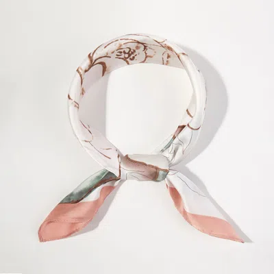 Truedames Flower Motif Printed Square Silky Satin Bandana Scarf In White
