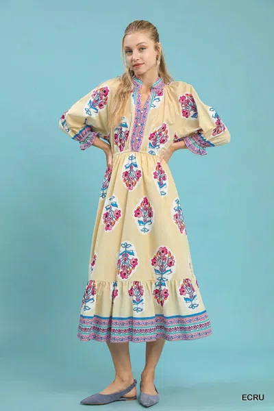 Truedames Flower Patch Border Print Midi Dress In Yellow