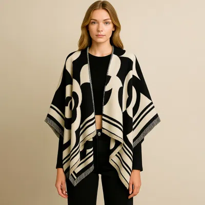 Truedames Flower Pattern Print Ruana Poncho In Black