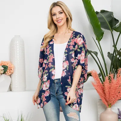 Truedames Flower Patterned Cover Up Kimono Poncho In Blue