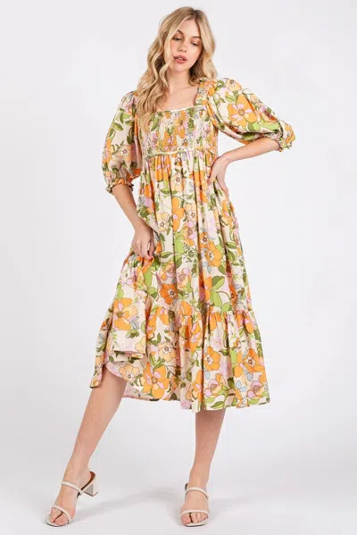 Truedames Flower Print Puff Sleeve Ruffle Smocked Midi Dress In Orange