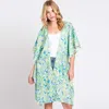 Truedames Flower Print Self-tie Drawstring Open Front Cover-up Kimono Poncho In Green
