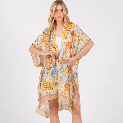 Truedames Flower Print Silky Feel Kimono Poncho In Gold