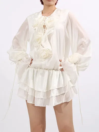 Truedames Flower Ruffled Long Sleeve Dress In White