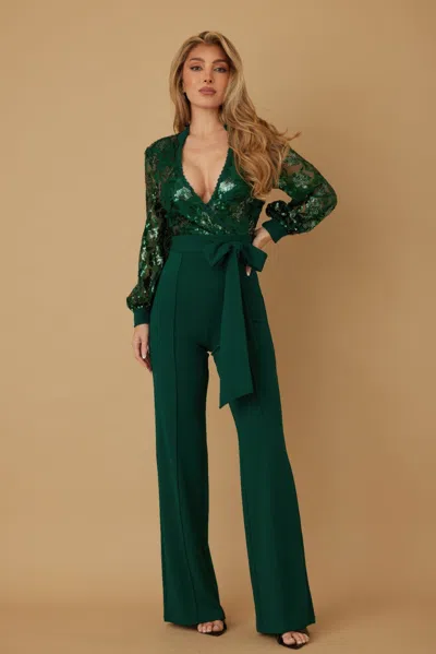 Truedames Flower Vein Sequin Print Jumpsuit In Green