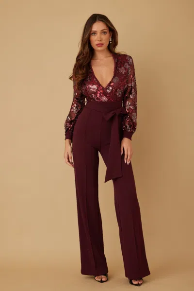 Truedames Flower Vein Sequin Print Jumpsuit In Burgundy