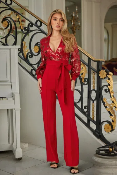 Truedames Flower Vein Sequin Print Jumpsuit In Red