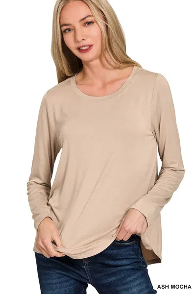 Truedames Flowy Round Hem Rayon Long Sleeve Top In Neutral