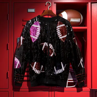 Truedames Football Sequin Long Sleeves Bomber Jacket In Black