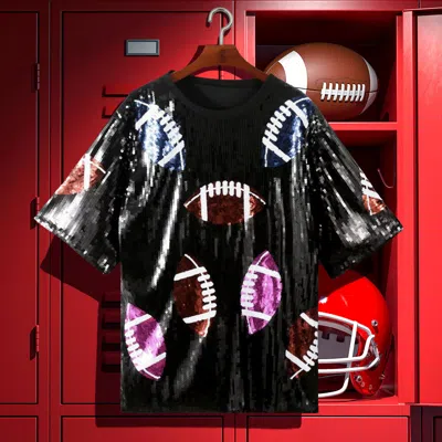 Truedames Football Sequin Short Sleeves Top In Black