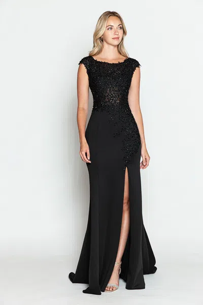 Truedames Formal Dress Boat Neck Cap Sleeve Sheath Gown In Black