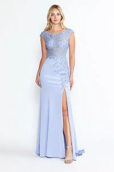 Truedames Formal Dress Boat Neck Cap Sleeve Sheath Gown In Blue