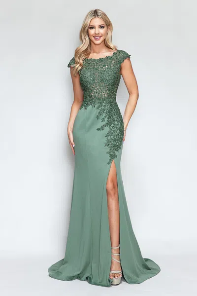 Truedames Formal Dress Boat Neck Cap Sleeve Sheath Gown In Green