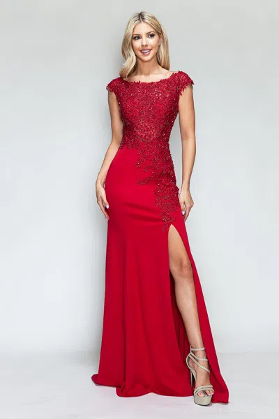 Truedames Formal Dress Boat Neck Cap Sleeve Sheath Gown In Red