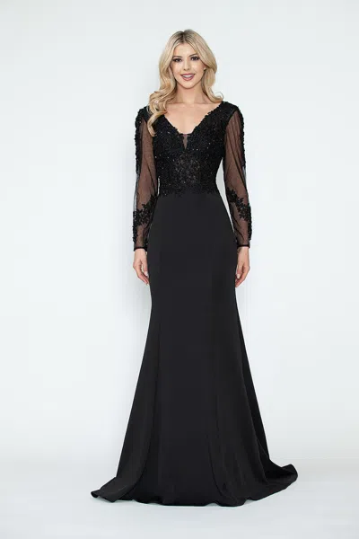 Truedames Formal Dress V-neck Beaded Sheath Long Sleeve Evening Gown In Black