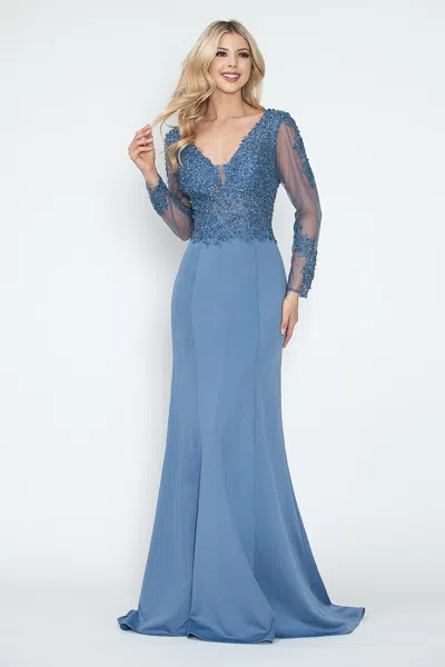 Truedames Formal Dress V-neck Beaded Sheath Long Sleeve Evening Gown In Blue