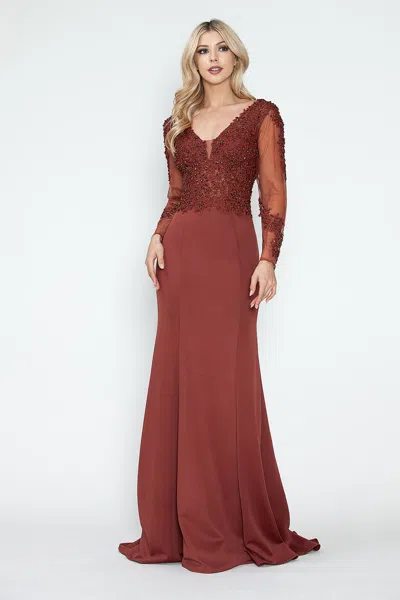 Truedames Formal Dress V-neck Beaded Sheath Long Sleeve Evening Gown In Brown