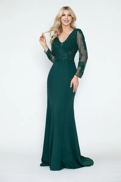 Truedames Formal Dress V-neck Beaded Sheath Long Sleeve Evening Gown In Green