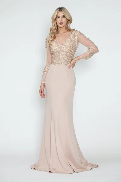 Truedames Formal Dress V-neck Beaded Sheath Long Sleeve Evening Gown In Neutral