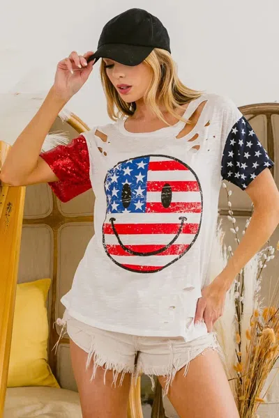 Truedames Fourth Of July Top With Laser Cut And Smile Face In White