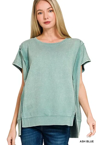 Truedames French Terry Acid Washed Hi-low Top In Green