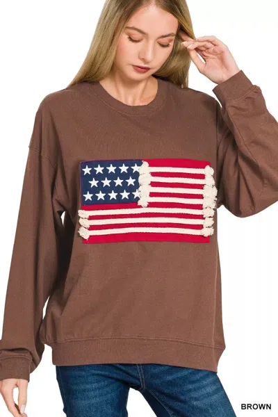 Truedames French Terry American Flag Pullover In Brown