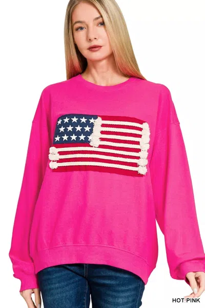 Truedames French Terry American Flag Pullover In Pink