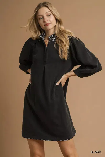 Truedames French Terry Balloon Sleeve Shift Dress With Leopard Print Detail In Black