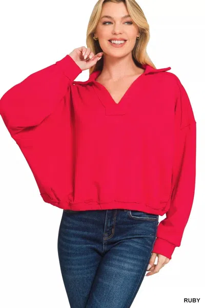 Truedames French Terry Collared Exposed Seam Sweatshirt In Red