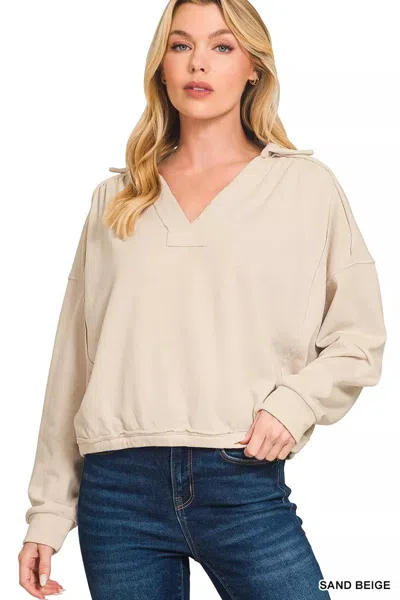 Truedames French Terry Collared Exposed Seam Sweatshirt In Neutral