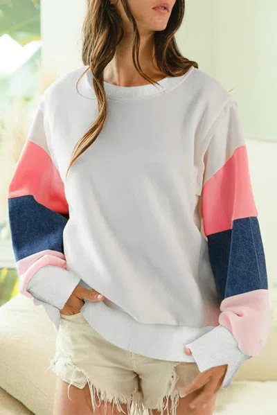 Truedames French Terry Color Block Long Sleeve Top In White