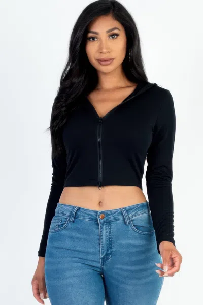 Truedames French Terry Crop Zip Up Hoodie In Black