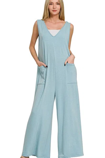Truedames French Terry Deep V Neck Jumpsuits In Blue