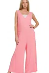 Truedames French Terry Deep V Neck Jumpsuits In Pink