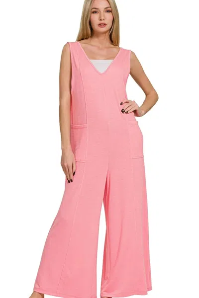 Truedames French Terry Deep V Neck Jumpsuits In Pink