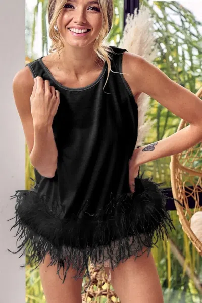 Truedames French Terry Faux Feather Bottom Back Tied Top In Black