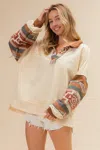 Truedames French Terry Knit And Aztec Print Mixed Top In White