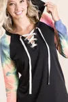 Truedames French Terry Lace Up Hoodie With Tie Dye Sleeves In Multi
