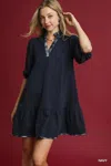 Truedames French Terry Ruffle Hem Dress With Plaid Trim In Black