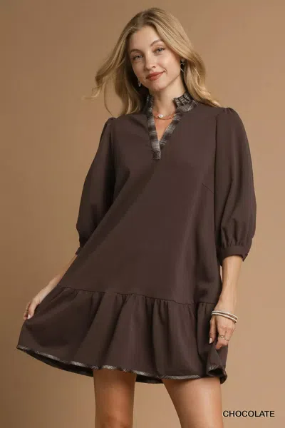 Truedames French Terry Ruffle Hem Dress With Plaid Trim In Brown