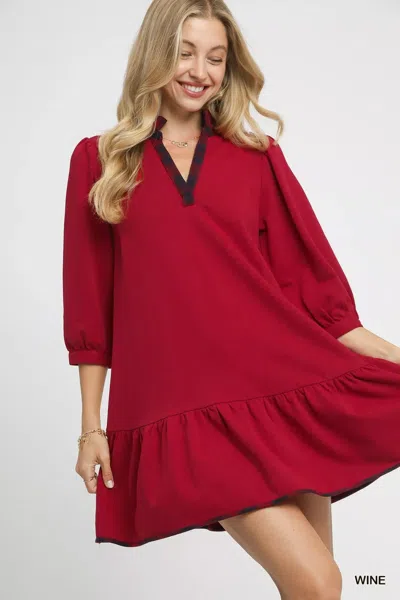 Truedames French Terry Ruffle Hem Dress With Plaid Trim In Pink