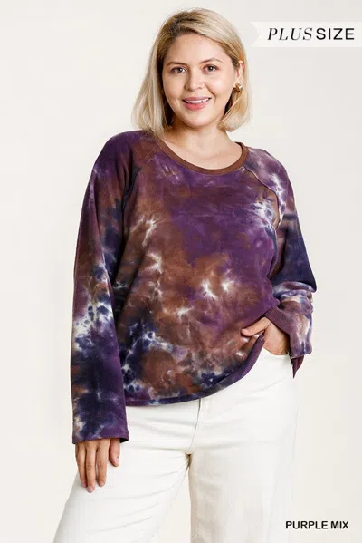 Truedames French Terry Tie-dye Raglan Long Sleeve Top With Raw Hem In Purple